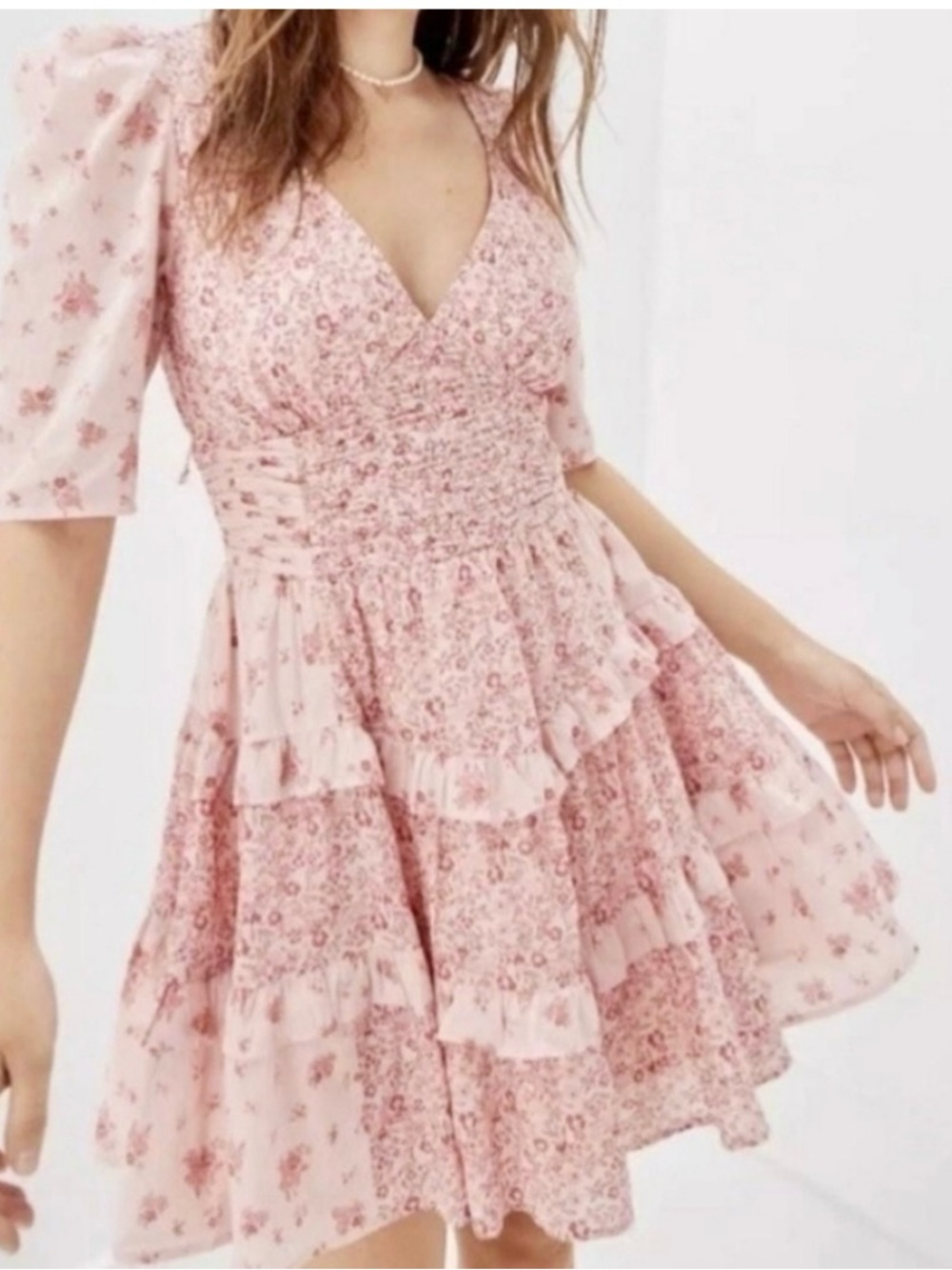 American Eagle Outfitters Pink Tiered V-Neck Mini Dress-XS